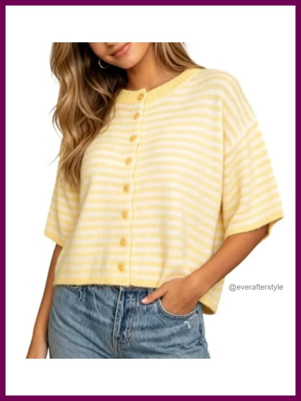 Women's Short Sleeve Stripe Knit Cardigan Preppy Button Front Crew Neck